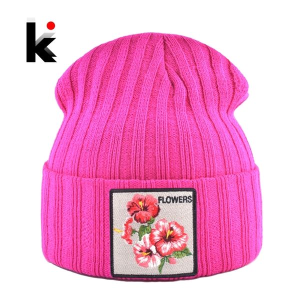 

women's hat with flower patch autumn winter knitted skullies beanies women winter soft double layer knit bonnet caps men gorras y201024, Blue;gray