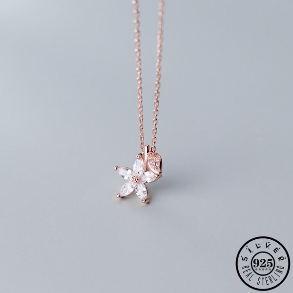 

925 sterling silver luxury cubic zirconia flower leaf shape pendant rose gold color plated chain party necklaces for women q0531