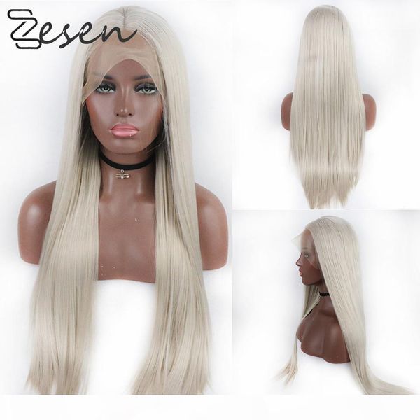 

ash blonde silk straight heat resistant fiber synthetic wig lace front wigs for women with natural hairline and baby hair, Black