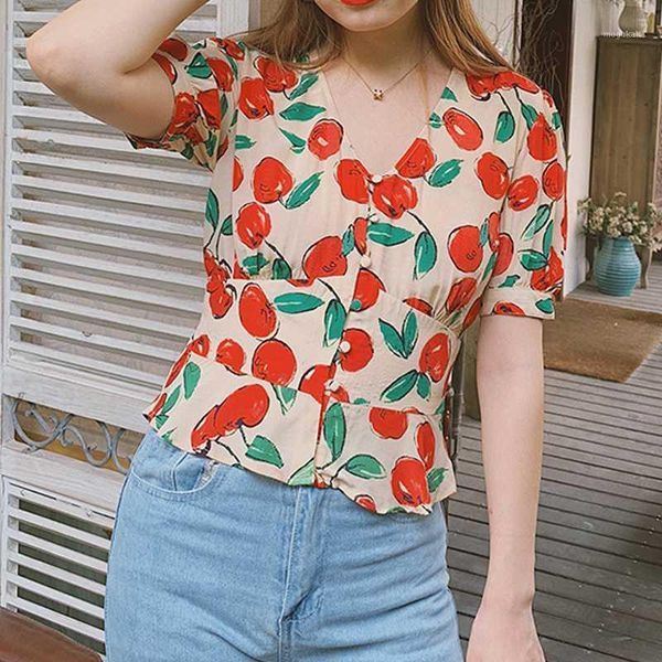 

elegant shirt women's design french retro print fashion v-neck ruffles shirt blouse 2019 summer fashion women blouse1, White