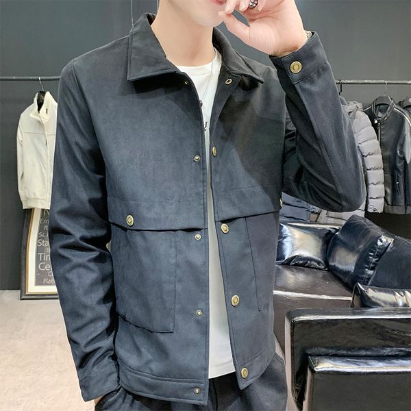 

new autumn korean lapel jacket casual youth pocket men's pure color simple coat, Black;brown