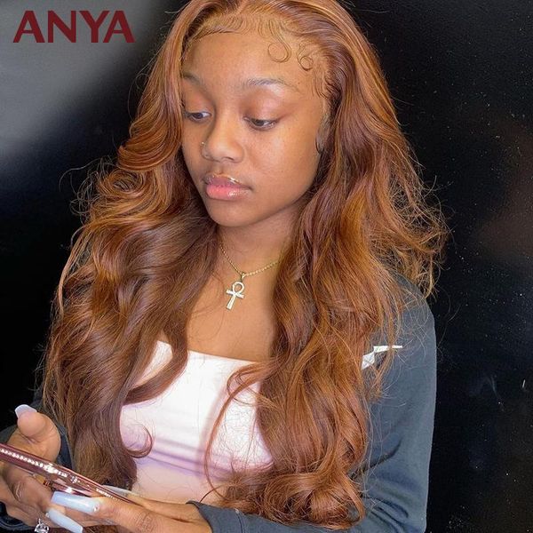 

lace wigs anya orange brown colored body wave 13*6lace front wig pre plucked human hair transparent brizilian for black women, Black;brown
