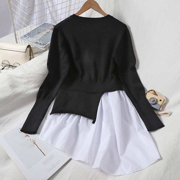 

neploe autumn hit color patchwork pullover sweater irregular long sleeve o-neck pull femme 2020 new korean knitted lj201113, White;black