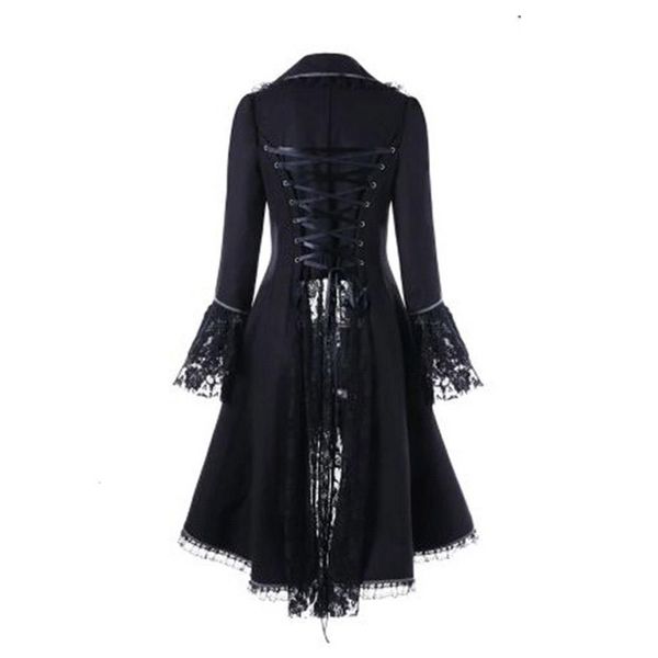 

women gothic overcoat lace-up bandage ribbon bow lace up winter flocking long sleeve halloween black vintage gothic long coat, Tan;black