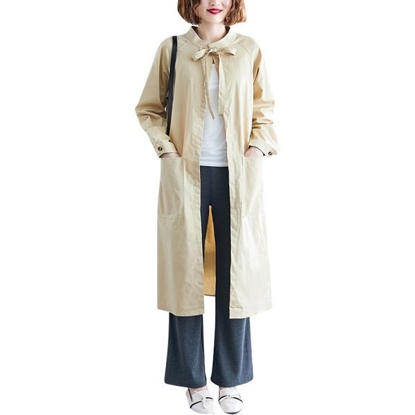 

large size womens new loose literary and thin long windbreaker jacket, Tan;black