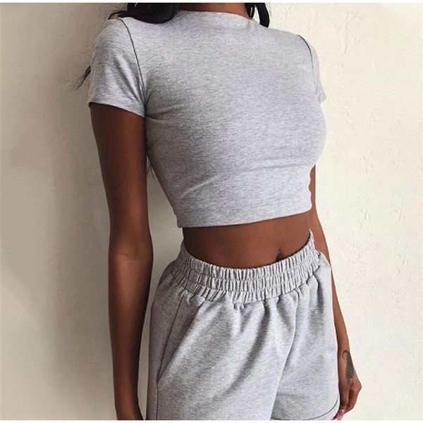 

solid women 2 piece set summer short sleeve female sport tracksuit 2020 new skinny crop elastic shorts matching sets t200701, White