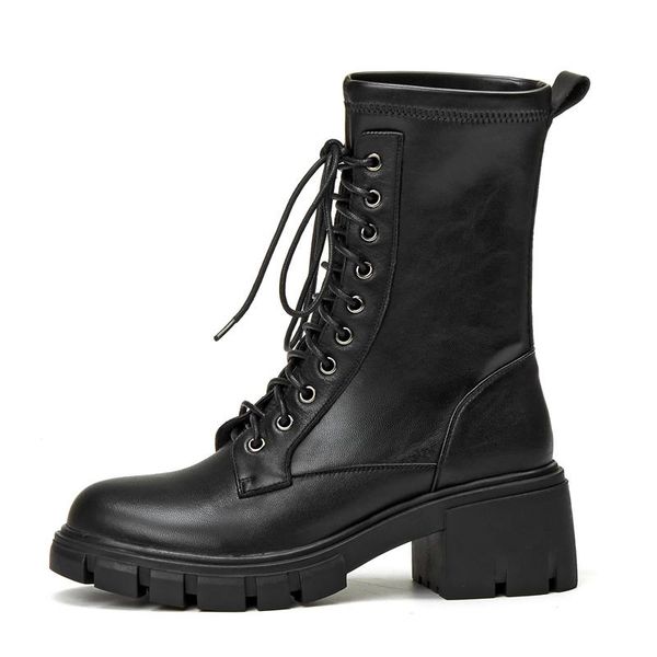 

new style autumn winter genuine leather lace-up platform short boots female british all-match women motorcycle boots new arrival, Black