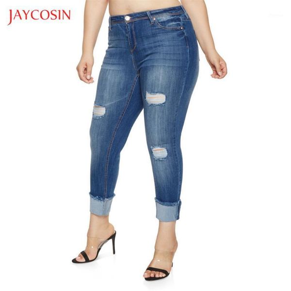

jaycosin spring women jeans mid waist jeans fashion high elastic women hole washed old skinny pencil pants plus size1, Blue