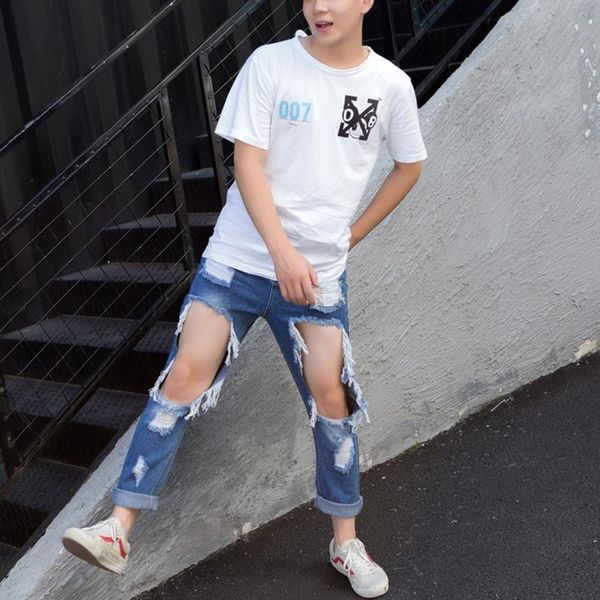 

men's jeans european and american super big hole leaky knee nine minute trousers slacks slim pants summer, Blue
