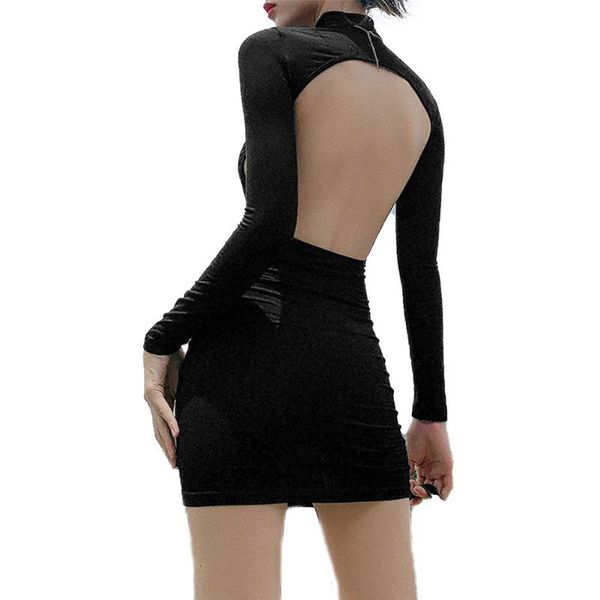 

women dress long sleeve backless dress women ladies fashion black solid party mini, Black;gray