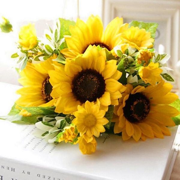 

1 bunch 7 heads sunflower silk artificial flower bouquet for home wedding decoration living room party table window decor1