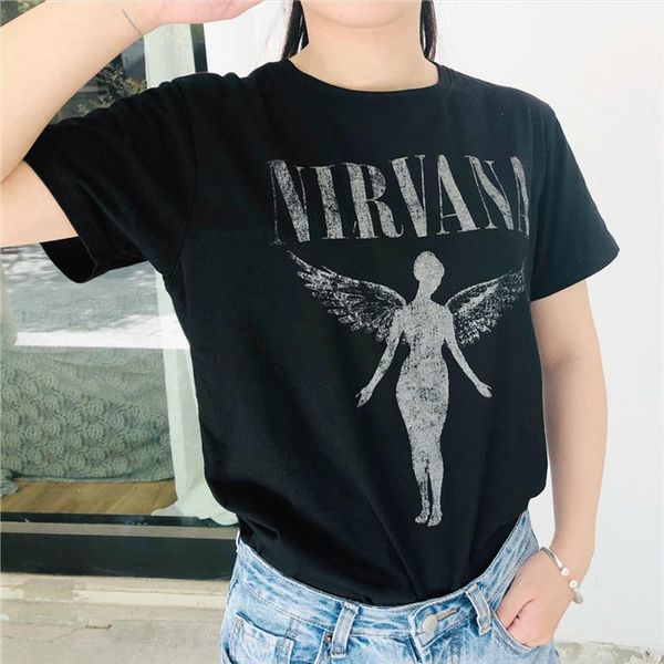 

2020 летняя женская футболка nirvana print с коротким рукавом tops amp; tees harajuku angel fashion plus размер повседневная футболка женщин, White