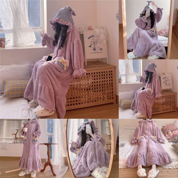

coral velvet korean version sweet lovely thickened fashion home wear long sleeve hooded pajamas big size women's fat sister, Black;gray