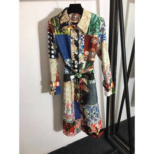 

12.19 early spring new women's fashion vintage polka dot rose contrast color print with belt mid length trench coat1, Tan;black