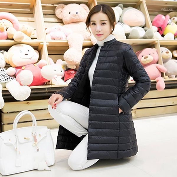 

women autumn jacket duck down lightweight thin 2020 spring fashion female slim midi long coats stand collar ladies button jacket1, Black;brown