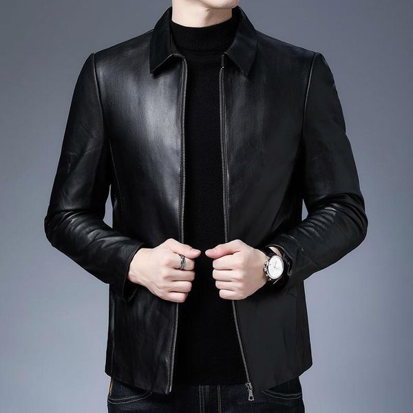 

men's leather & faux coat autumn winter middle aged lapel jacket 100% sheepskin, Black