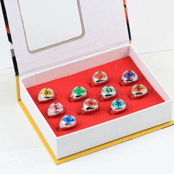 

10pcs naruto rings akatsuki uchiha itachi orochimaru member's ring set in box props gift y1119, Golden;silver