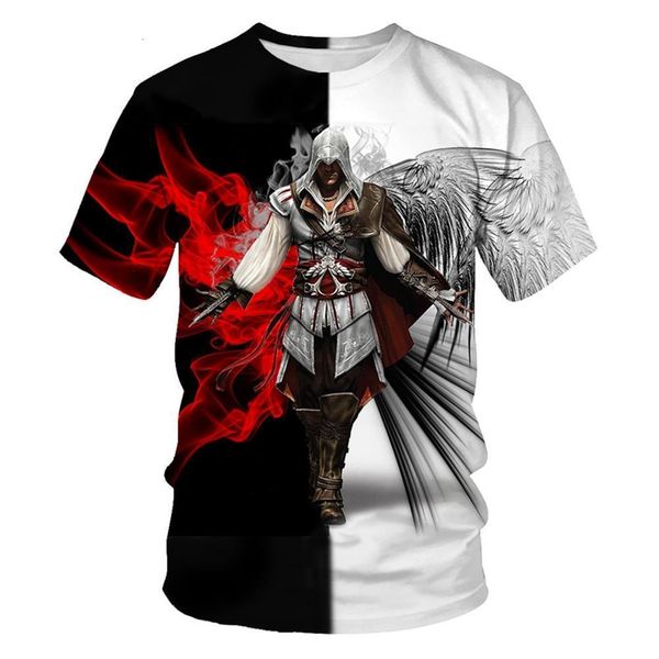 

2021 summer personality game man's t-shirt 3d print assassin's creed creative casual large size short-sleeved oversized t shirt, White;black