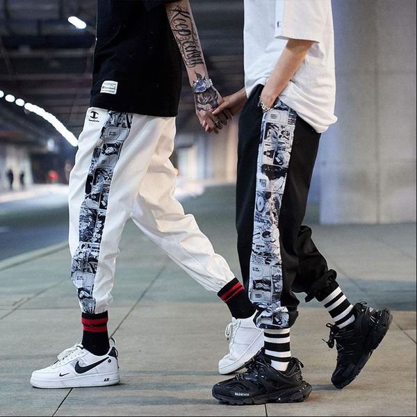

mens leggings pants with japanese anime print joggers sweatpants for fall fashion drawstring sport streetwear hip hop harem pant, Black