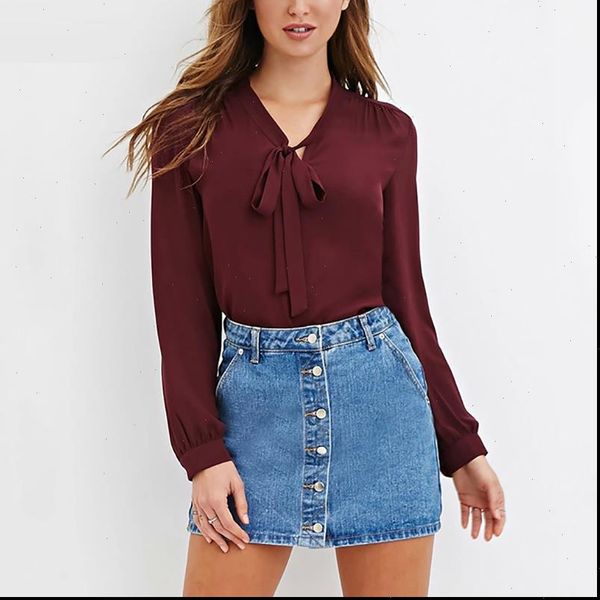 

sale spring summer blouse women long sleeve shirts fashion leisure chiffon shirt bow office ladies burgundy white plus size