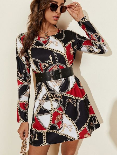 

chain print tunic dress without belt b0nd#, Black;gray