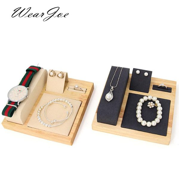 

wooden set jewelry display stand tray platform earring ring necklace bracelet watch jewellery organizer multi-purpose decorative, Pink;blue