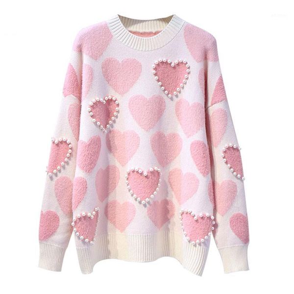 

autumn new women knitted sweater and pullovers o neck pearls beading sweaters sweet heart jumpers long sleeve kawaii femme1, White;black