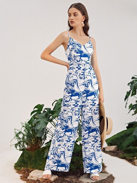 

zip back floral cami jumpsuit z85s#, White