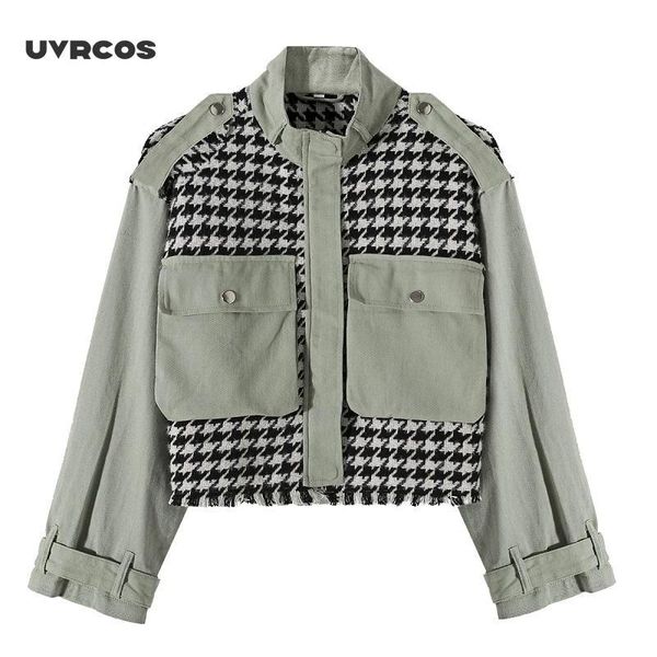 

uvrcos women fashion houndstooth plaid tweed spliced bomber jacket vintage stand collar coat pockets buttons female chic outerwe, Black;brown