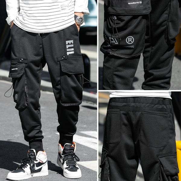 

autumn 2020 loose youth solid color leisure multi pocket overalls pants middle waist black pants street trend, Blue