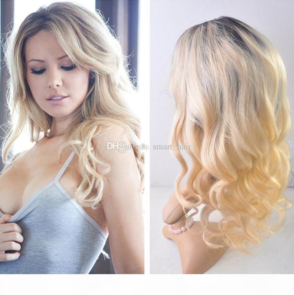 

ombre blonde 1b 613 body wave virgin human hair lace frontal wig with baby hair dark root 1b 613 glueless full lace wig, Black;brown