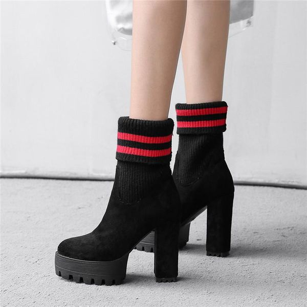

ymechic 2020 black gray flock extra high heels woman boots winter platform block high heels knitting sock ankle boots goth shoes