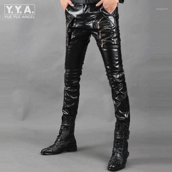 

men's pants hip hop men's leather motorcycle slim fit for men fake zipper design trousers pu pant pantalon homme1, Black
