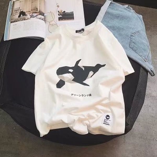 

summer trend short men's shark print round neck personality student half sleeve t-shirt, White;black