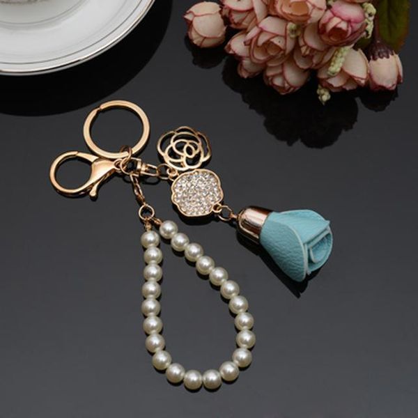 

new camellia flower leather keychain bag pendant car ornaments creative gifts long key chain buckle key ring 17 colors eh816 h sqcquu, Silver
