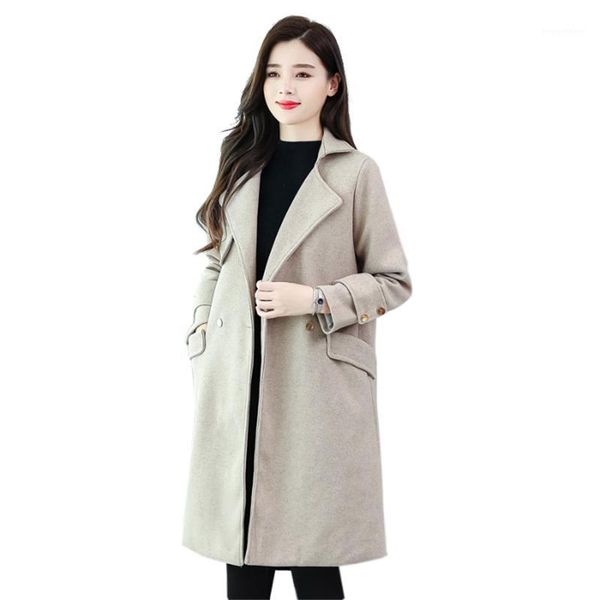 

winter women coat new casual lapel collar a buckle woolen female coat fashion warm pocket solid loose long outwear1, Black