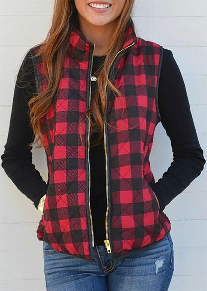 

women's vests zipper plaid vest women sleeveless pocket jacket 2021 autumn winter casual female, Black;white