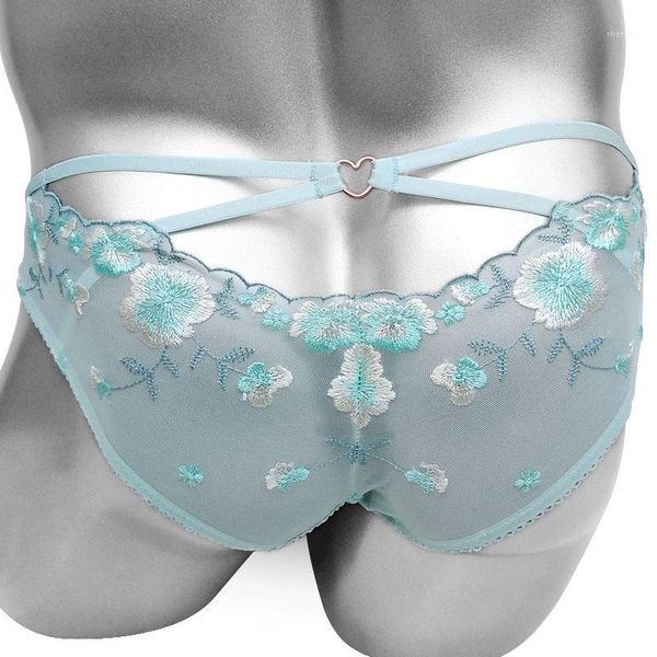 

shiny mesh sissy panties with embroidery flowers lingerie briefs gay men underwear see through breathable sissy underpants1, Black;white