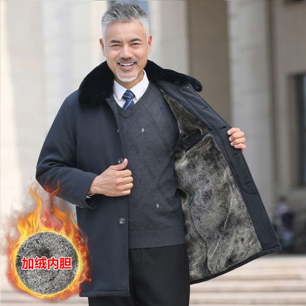 

dad plush middle aged old men's new detachable wool collar cotton padded jacket in autumn and winter grandfather, Black