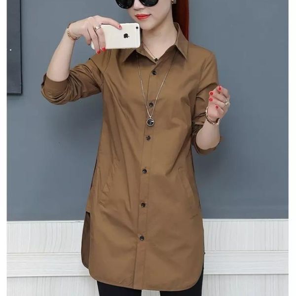 

long style women spring autumn chiffon blouses shirts lady casual long sleeve turn down collar blusas df1703, White