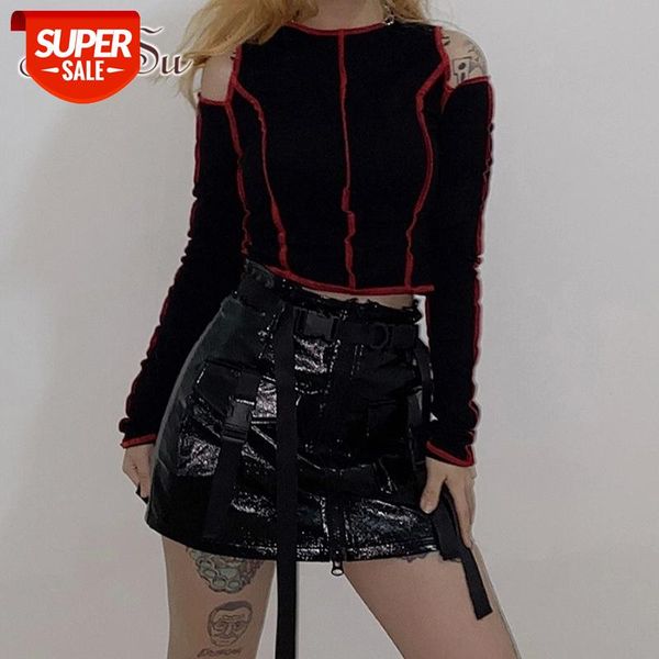 

artsu off shoulder crop tee punk style long sleeve shirt women black t-shirts fashion patchwork stitch streetwear ts52272 #zi8q, White