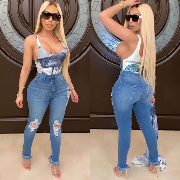 

y5178 women's platform washed perforated elastic fringe jeans, Blue