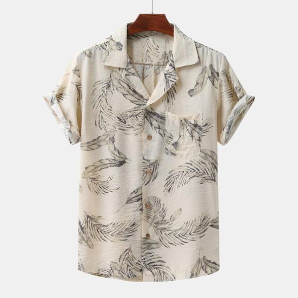 

men shirt ethnic style feather print cotton rayon soft breathable turn down collar short sleeve casual shirts camisa masculina1, White;black