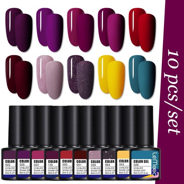 

nail gel lemooc 10pcs matte effect glitter holographics polish kit soak off uv varnish set for base coat, Red;pink