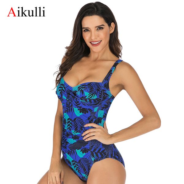 Aikulli 2020 Floral Impressão Uma peça Swimsuit Mulheres Monokini Beach Banhando Swimwear Do Vintage Tummy Control Plus Size Push Up Suites T200708