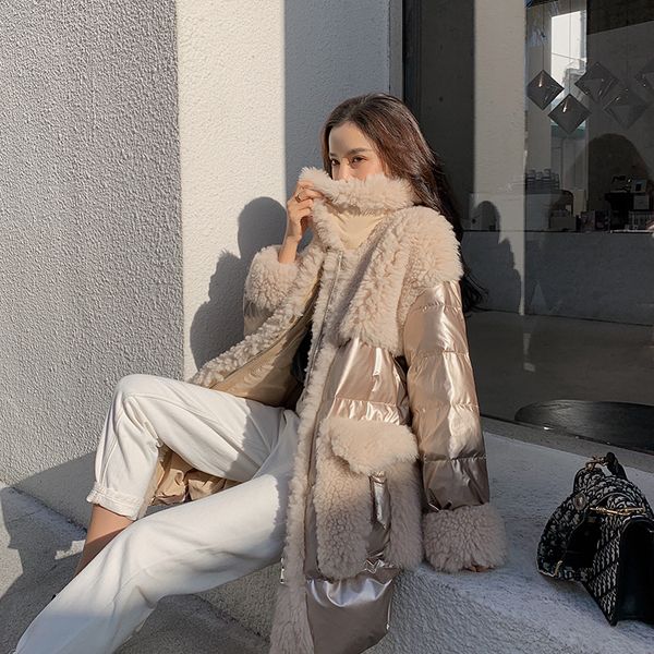 

winter women down stitching fur jacket female warm parka champagne gold glossy white duck down coats ladies korean coat jackets c1204, Black