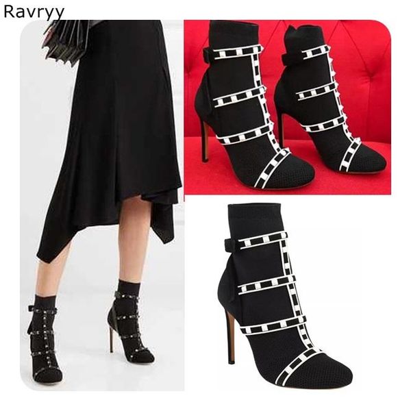 

elastic woman's ankle boots knitting woolen black short boot cool rivet thin heel autumn female shoes patchwork party show dress