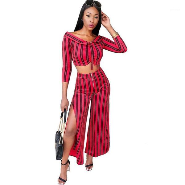 

red striped two pieces set women slash neck bow crop and zipper split ankle-length pants sets femme 2 piece outfits1, Gray