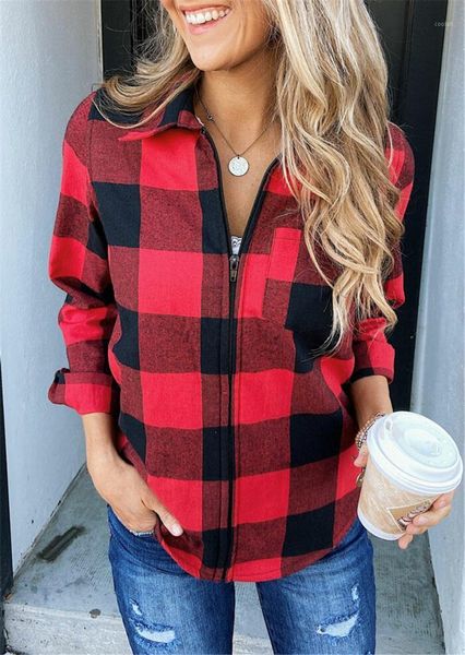 

red plaid coat woman pocket zipper jacket casual long sleeve fashion turn-down collar coat women jacket mujer chaqueta1, Black;brown