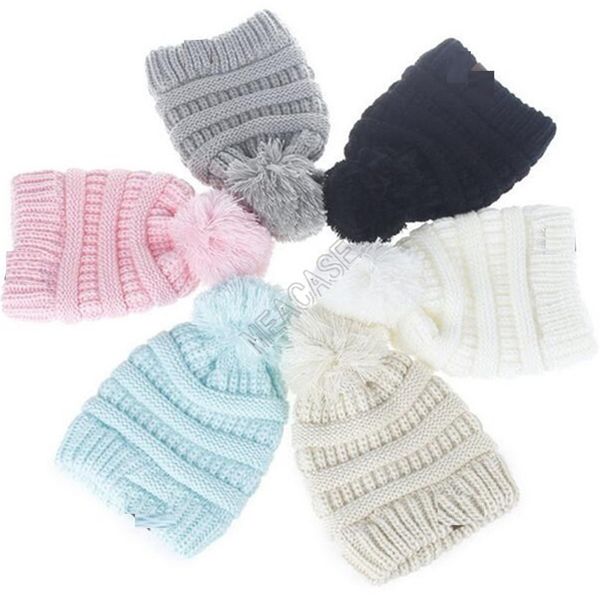 

kids baby knitted pom pom beanies hat designers winter wool hat crochet kint slouchy skull caps boys girls tuque ski earmuffs caps d121004, Yellow